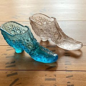 2 Crystal Cane Pattern Glass Shoes Vintage 1880